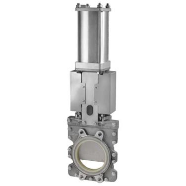 Uni-directional round and square port wafer style knife gate valve for discharge and reject applications